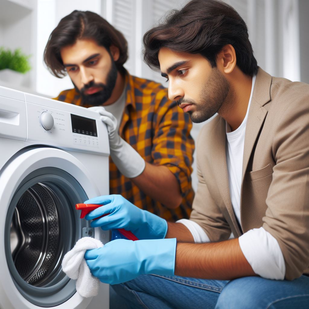 two people cleaning a washing machine
